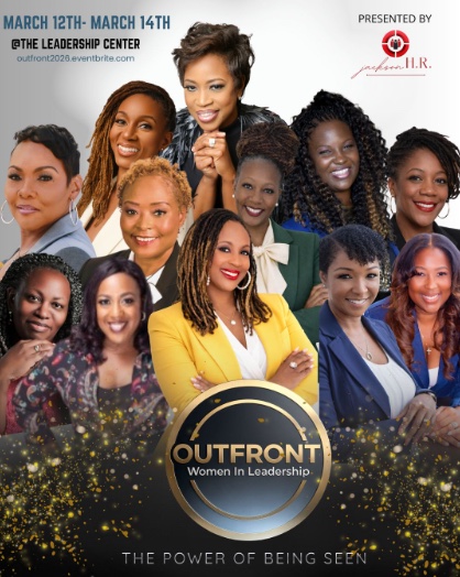 OUTFRONT Women in Leadership conference poster, The Power of Being Seen, featuring Selena Teasley among the speakers